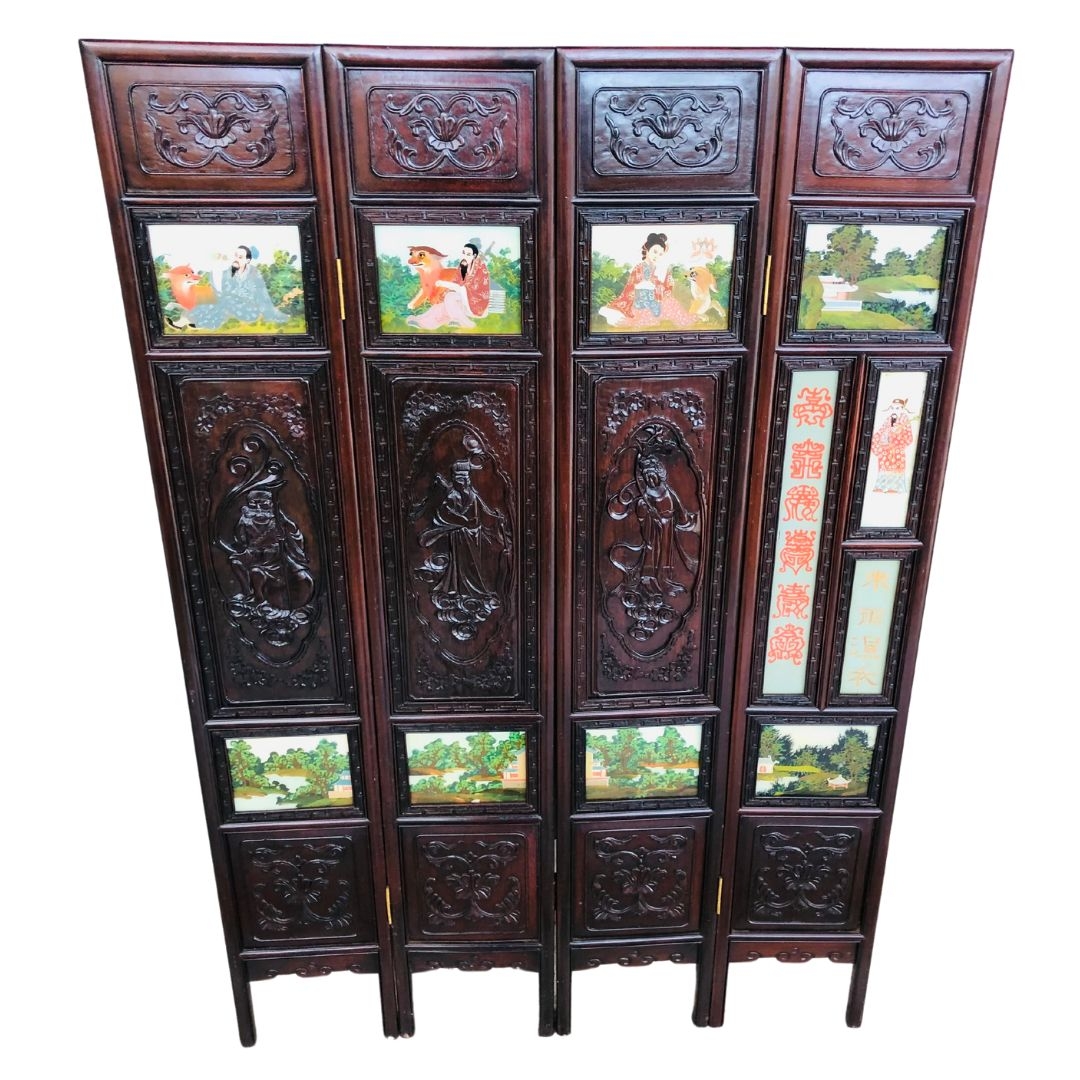 Mid century Chinese Hongmu Wood.  Heavily carved with deities and hand painted panels  4 panels, eac - Image 3 of 3