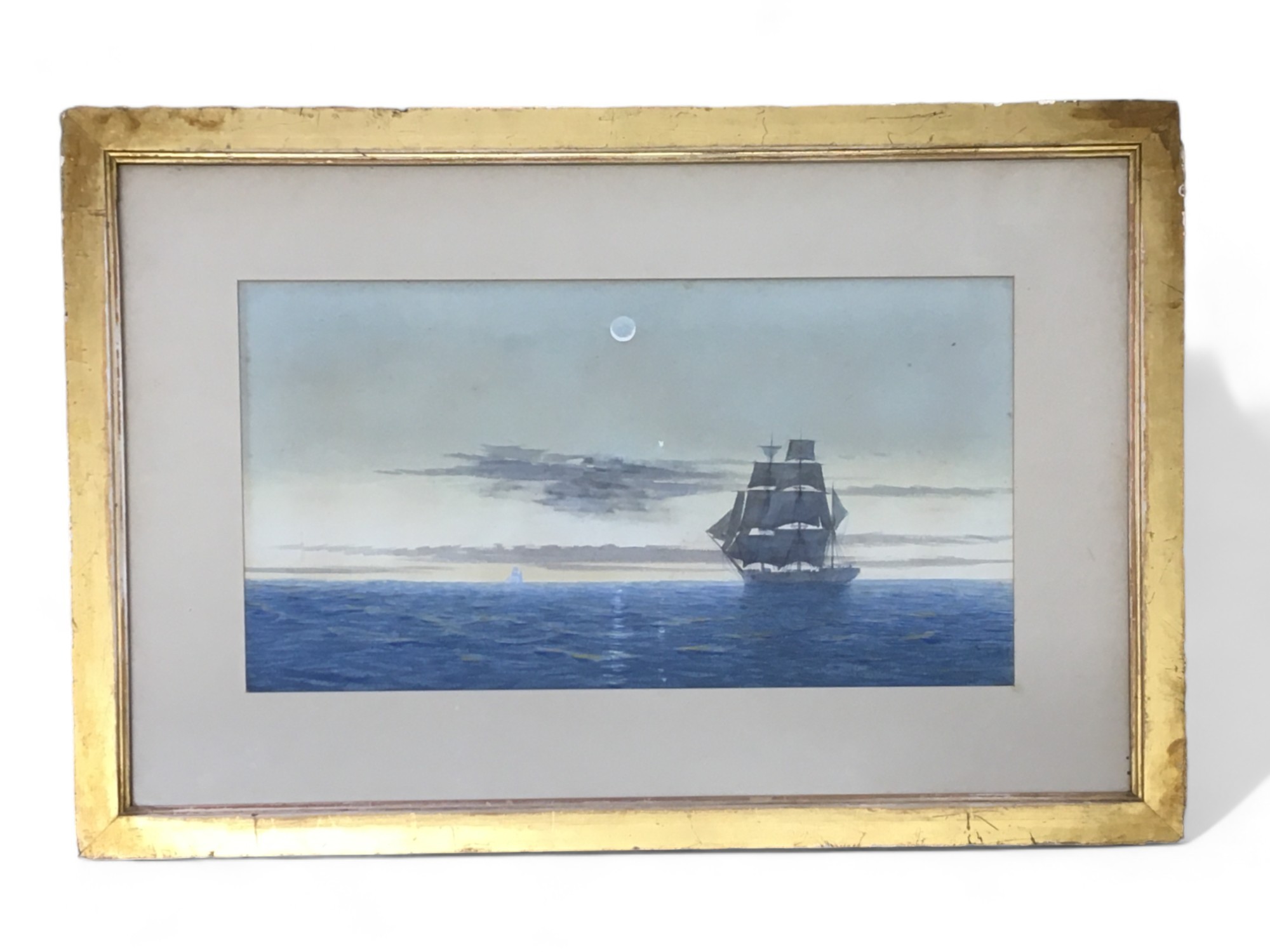 A C Stannus (1839-1919 British) Attributed. 19th Century Water Colour Clippers in Moonlight.  Height