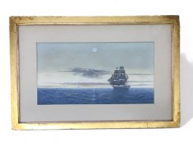 A C Stannus (1839-1919 British) Attributed. 19th Century Water Colour Clippers in Moonlight.  Height