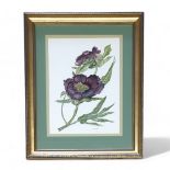 Purple Peony by Everill - Watercolour Signed. Height 34cm (Image) Width 23.5cm 