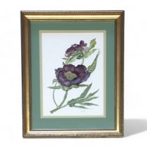 Purple Peony by Everill - Watercolour Signed. Height 34cm (Image) Width 23.5cm