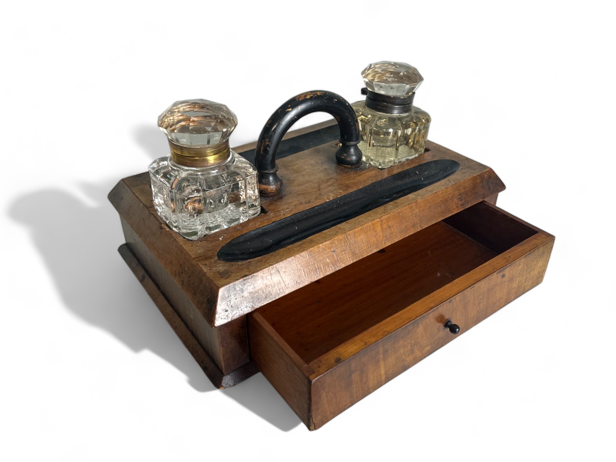 A late Victorian ebonised Ink stand.  With crystal ink wells.  - Image 2 of 2