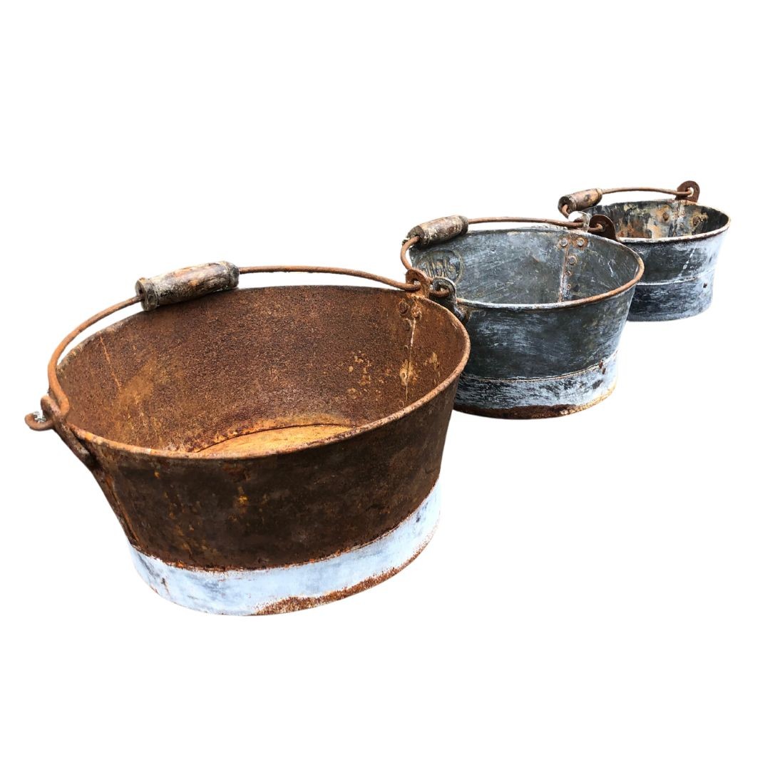 Three Small Galvanised Metal Planters with Wooden Handles ref 77 
