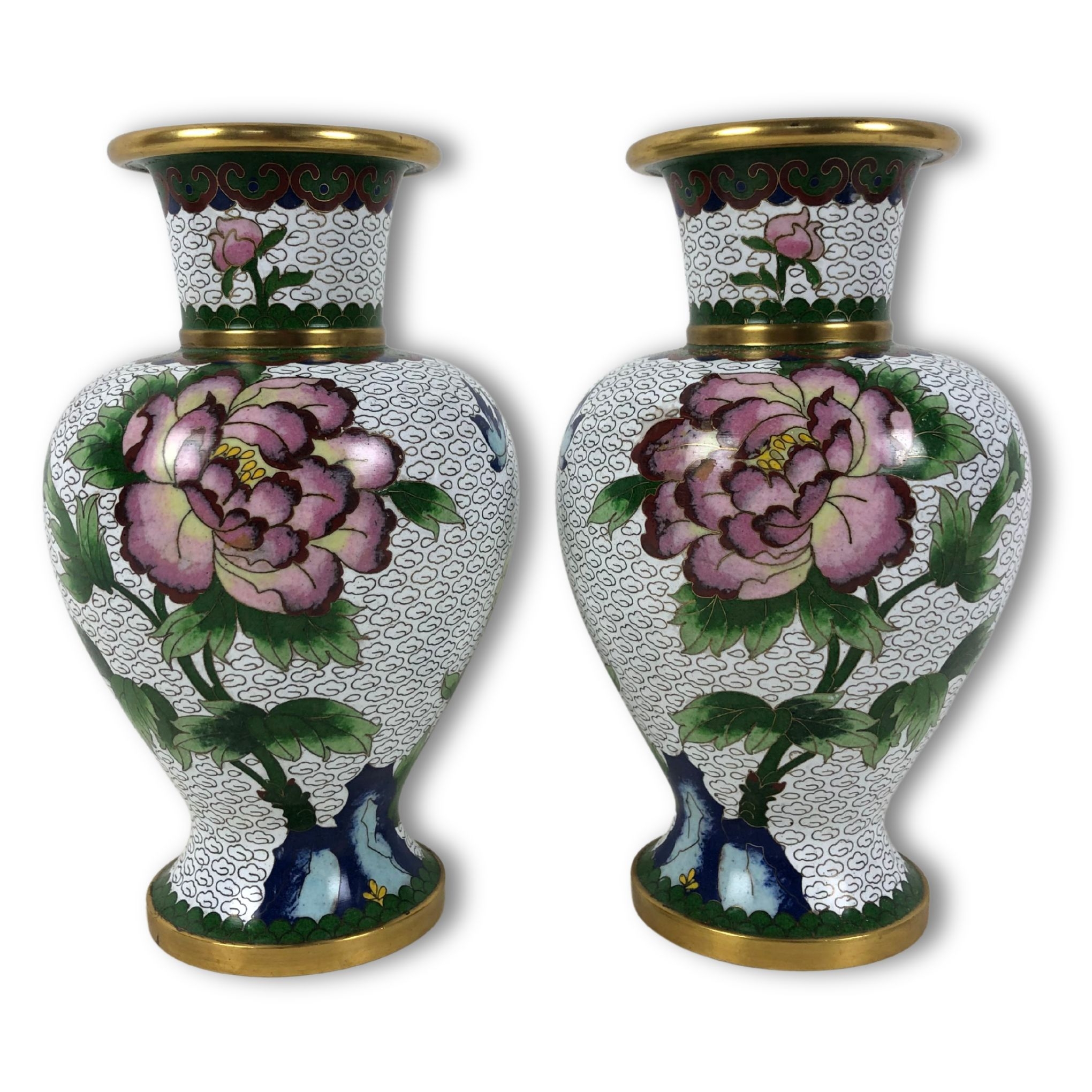 Two vintage Cloisonne Vases. Baluster form, with finely detailed Peony blossoms. 