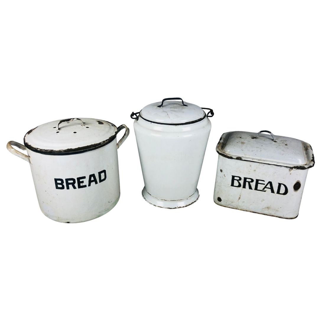 Antique French white and blue enamel milk pail.  and 2 antique Enamelware Bread Tins 