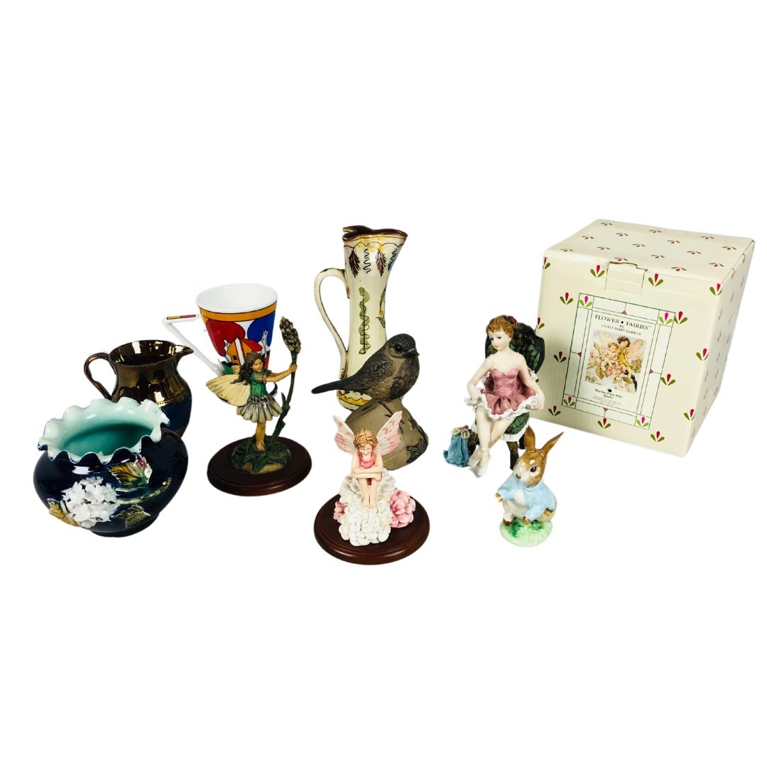 Collection of china to include a boxed Flower Fairy, lustre jug, rabbit and other figures. 