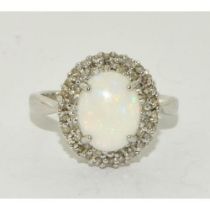 9ct white gold ladies Opal and Diamond halo design ring size M