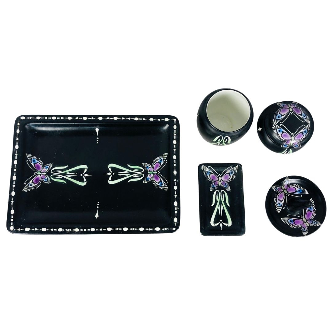 Art Deco Shelley China dressing table set in Noire tones and butterfly decoration  - Image 3 of 4