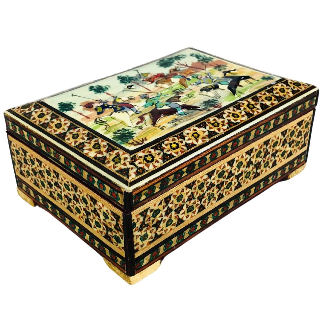 Middle Eastern Khatam Box - decorated with a scene of polo players  - Image 3 of 4