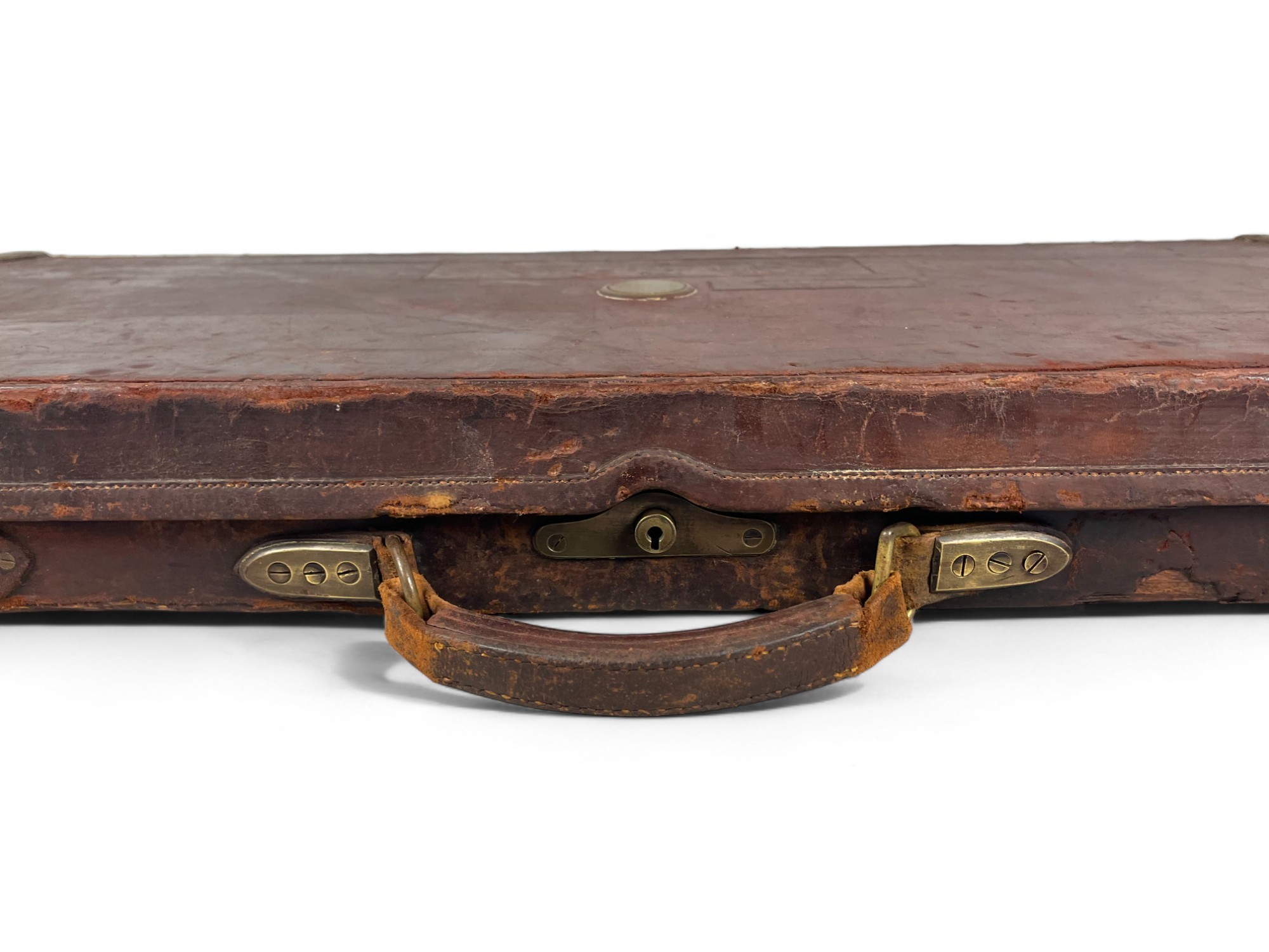 Antique William Evans leather & brass bound gun case. With fitted interior and original label.  85 x - Image 3 of 5