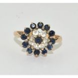 Good 9ct gold ladies sapphire openwork cluster ring size O 