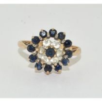 Good 9ct gold ladies sapphire openwork cluster ring size O