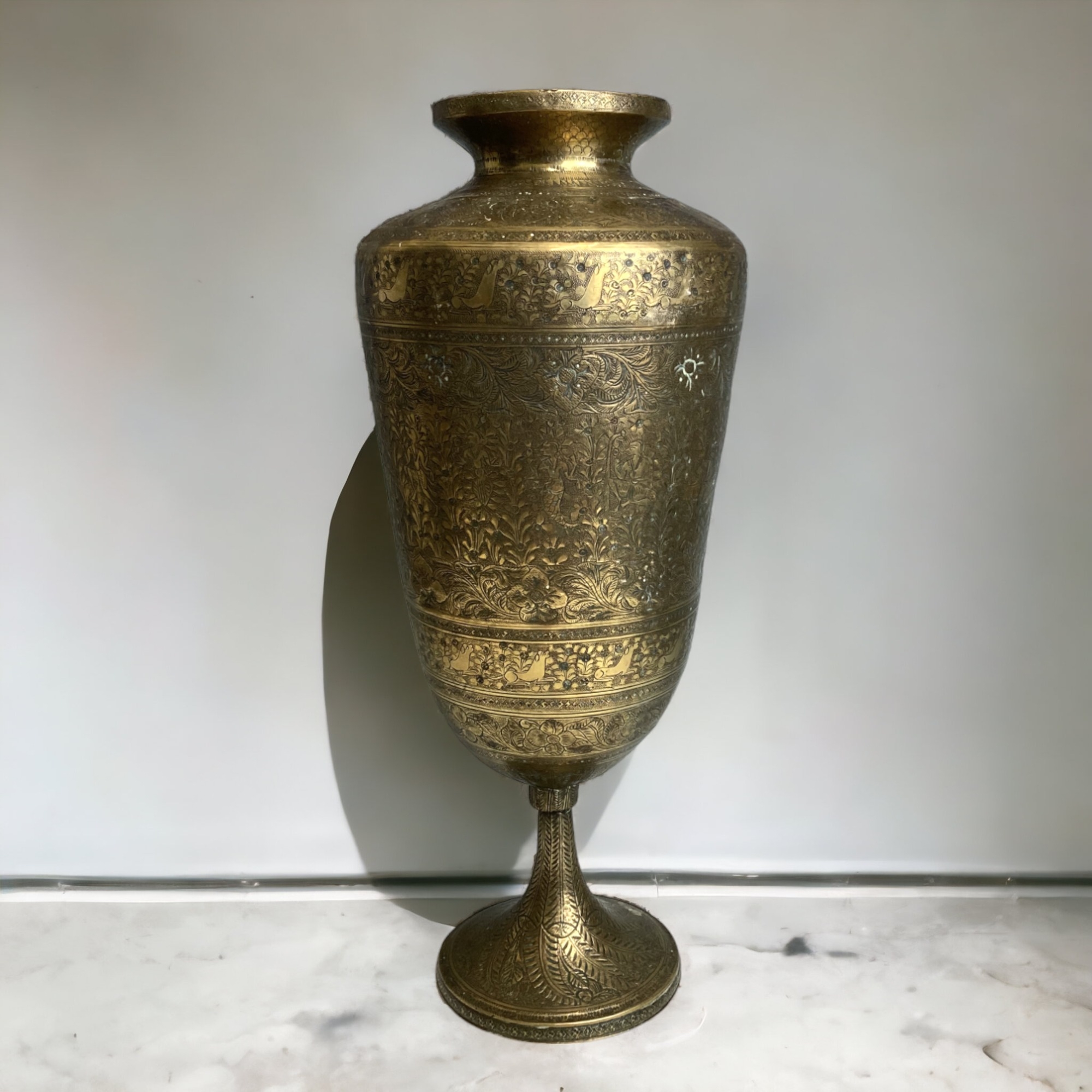 A Large 19th Century Indo Persian Chiselled Brass Vase - Height 39cm 