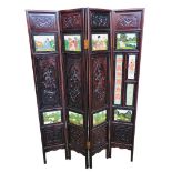 Mid century Chinese Hongmu Wood.  Heavily carved with deities and hand painted panels  4 panels, eac