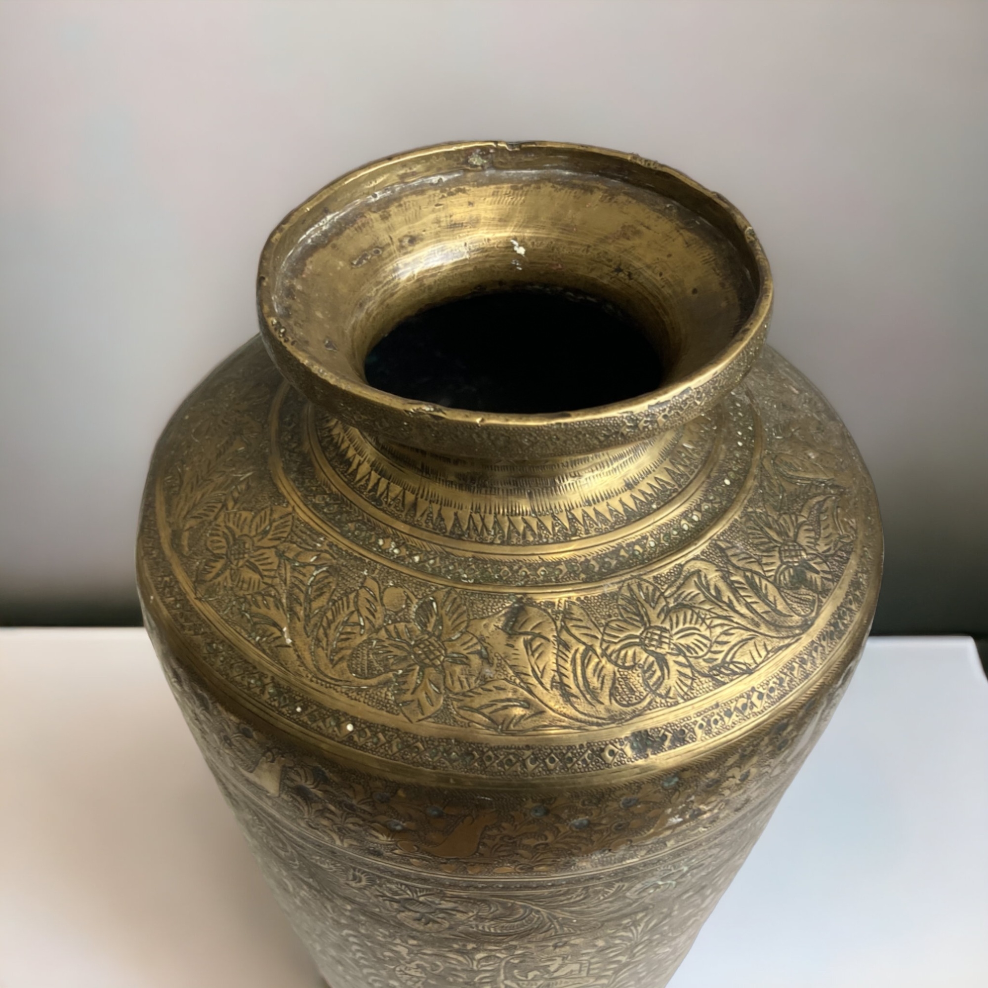 A Large 19th Century Indo Persian Chiselled Brass Vase - Height 39cm  - Image 3 of 5