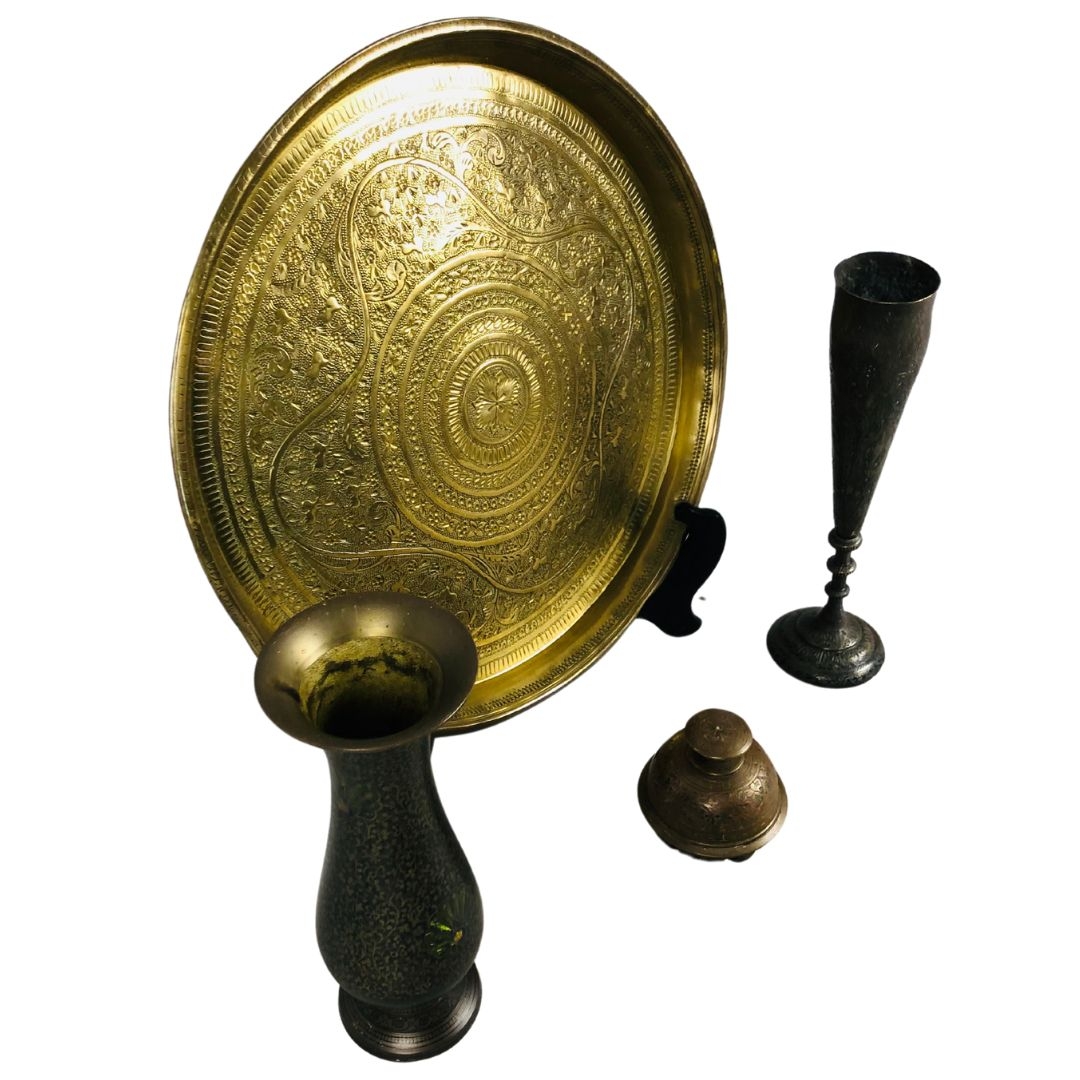 Collection of Indo Persian Items Including Kashmiri Style Tray, Elephant Bell, Antique Indo Persian  - Image 2 of 3
