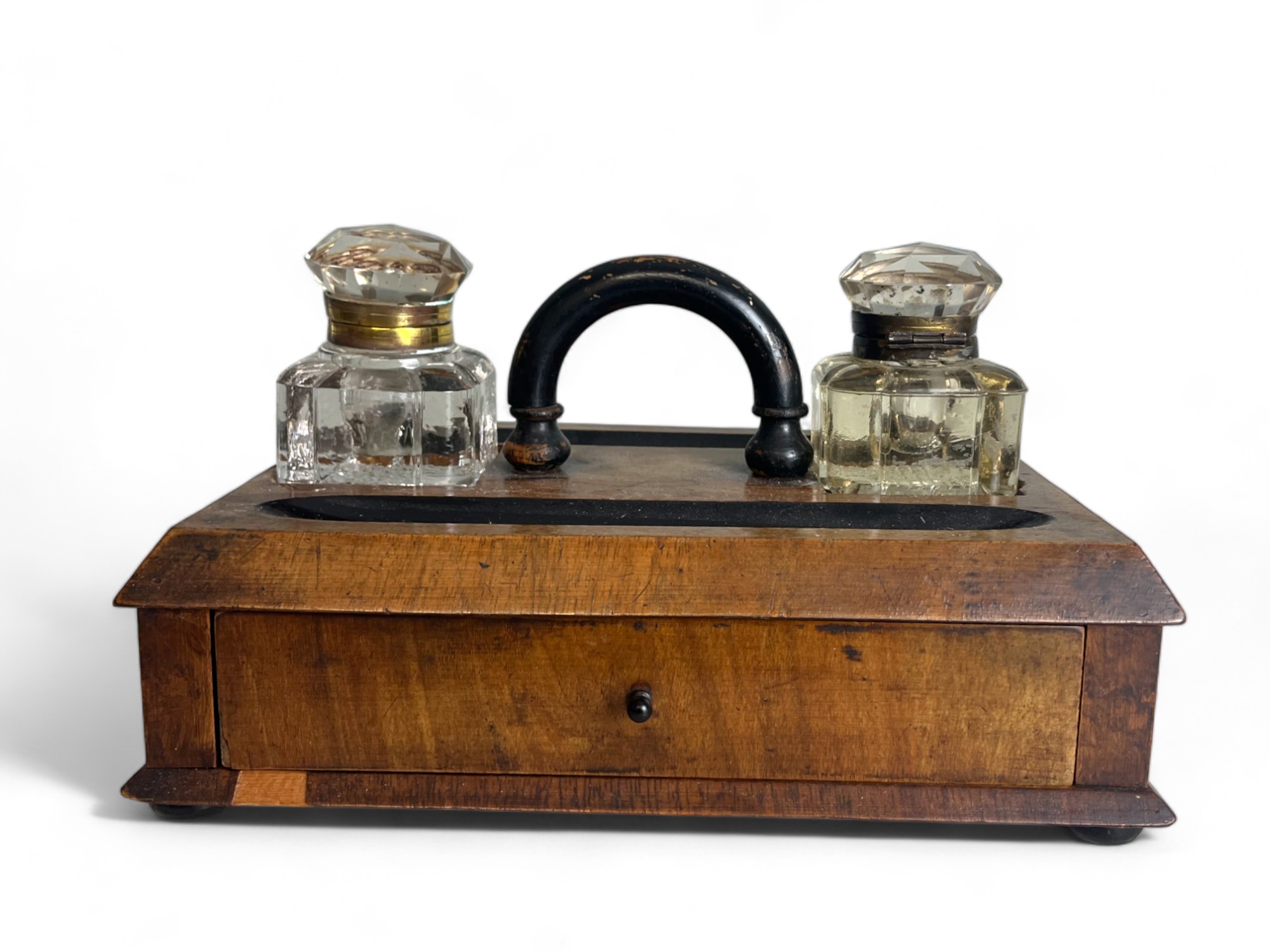 A late Victorian ebonised Ink stand.  With crystal ink wells. 