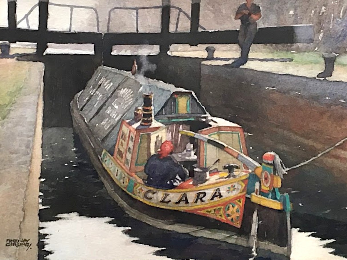 Fred Jay Girling (1900-1982) - Original Signed Watercolour "The Lock" Canal Boat scene at Lock, with - Image 2 of 2