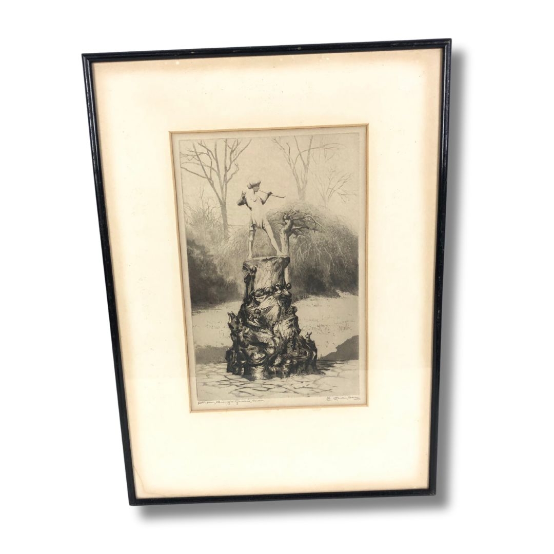 The Peter Pan Statue In Kensington Gardens, London. By Edgar James Maybery. Etching Signed and Title