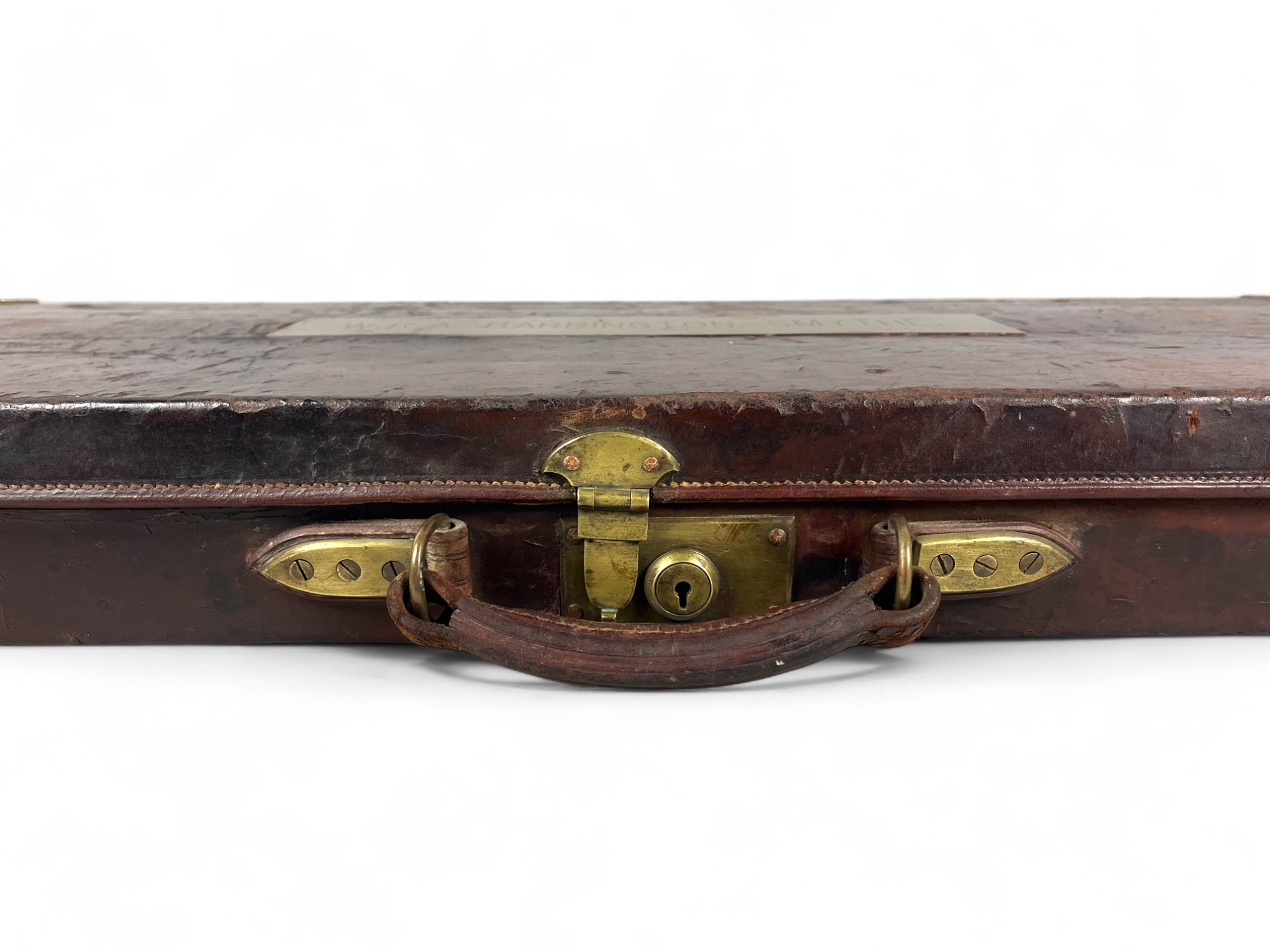 Antique Holland & Holland leather gun case. With fitted interior and label. Brass plaque "W.R.A. Bar - Image 3 of 6