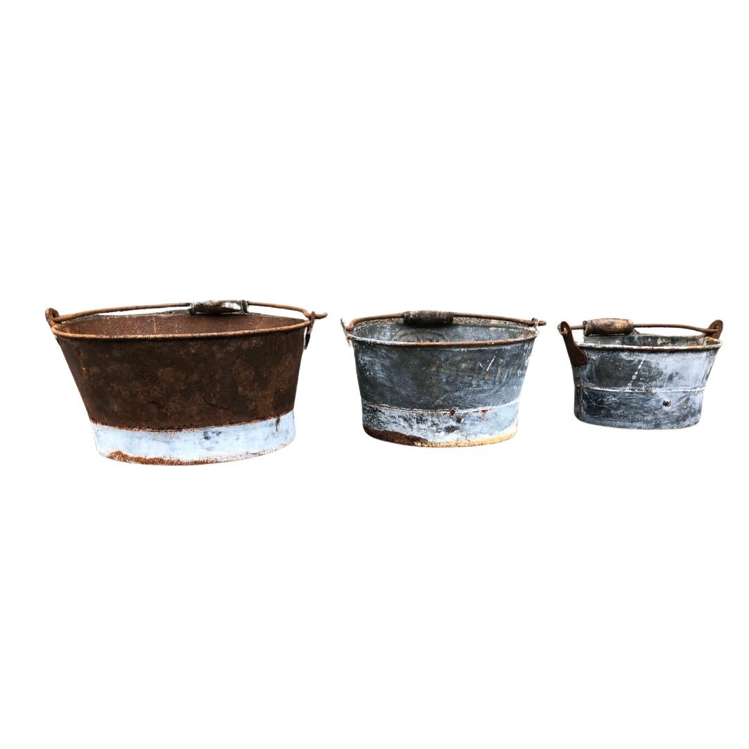 Three Small Galvanised Metal Planters with Wooden Handles ref 77  - Image 4 of 4