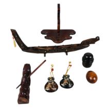 Collection of Wooden Treen Items - Including Spanish Castanets and Maori Wooden Figurine & Boat with
