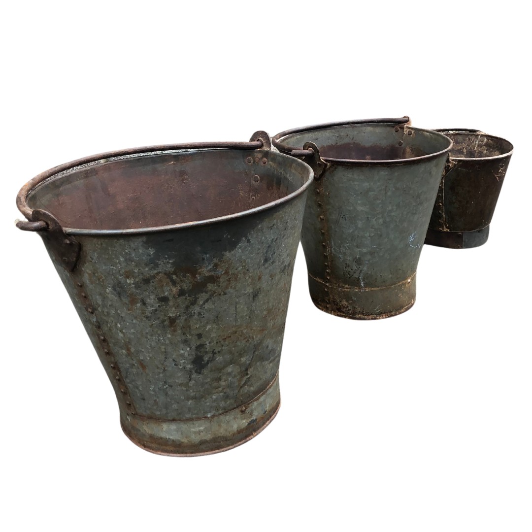 Three Old Galvanised Metal Garden Buckets ref 70 