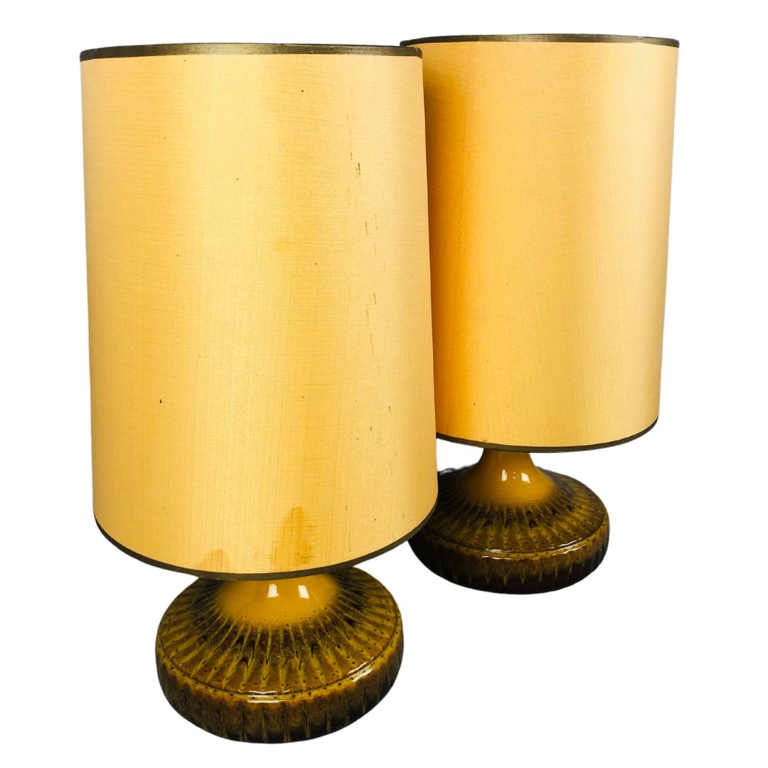 Nice Pair of Mid Century Pottery Squat form Table Lamps with original matching Lampshades.  Approx 5 - Image 2 of 3