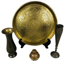 Collection of Indo Persian Items Including Kashmiri Style Tray, Elephant Bell, Antique Indo Persian