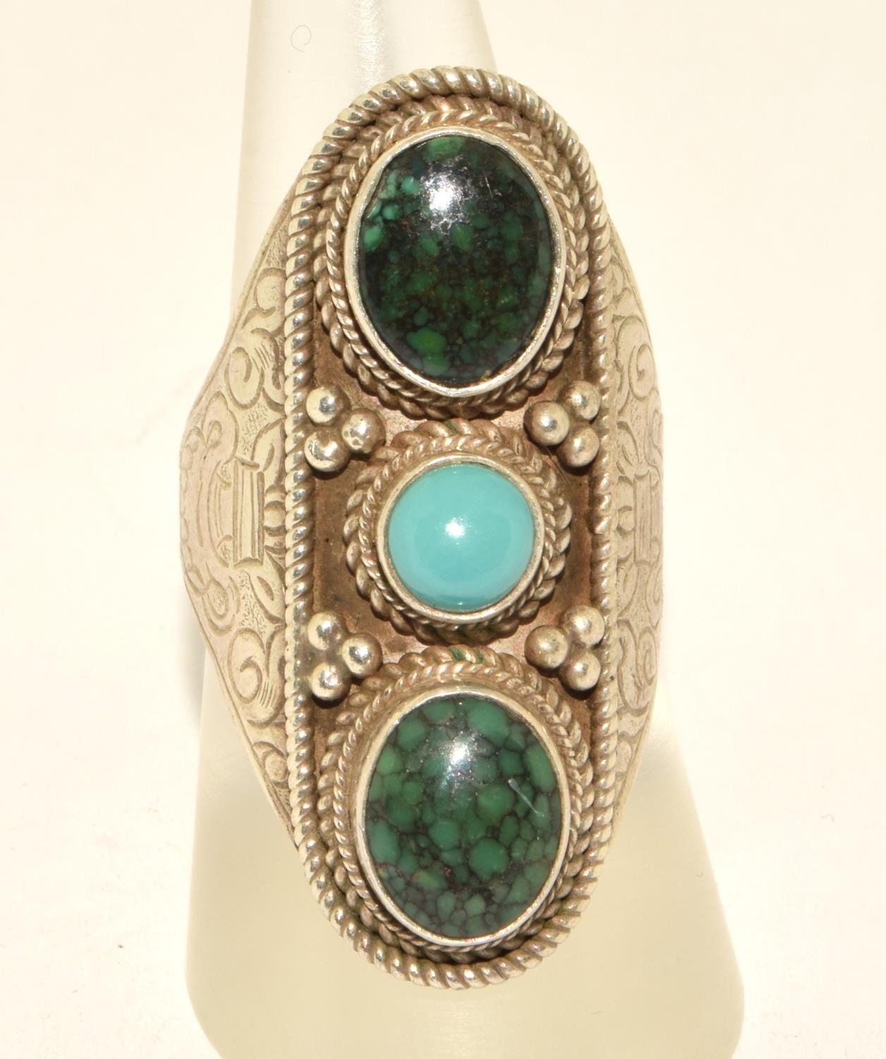 925 silver ladies large set malachite and Turquoise 3 stone ring size Q 