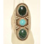 925 silver ladies large set malachite and Turquoise 3 stone ring size Q 