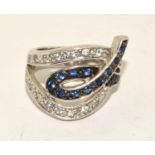 925 silver designer sweep ring set with blue and white stones size P 