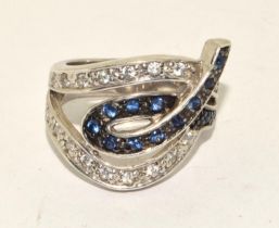 925 silver designer sweep ring set with blue and white stones size P