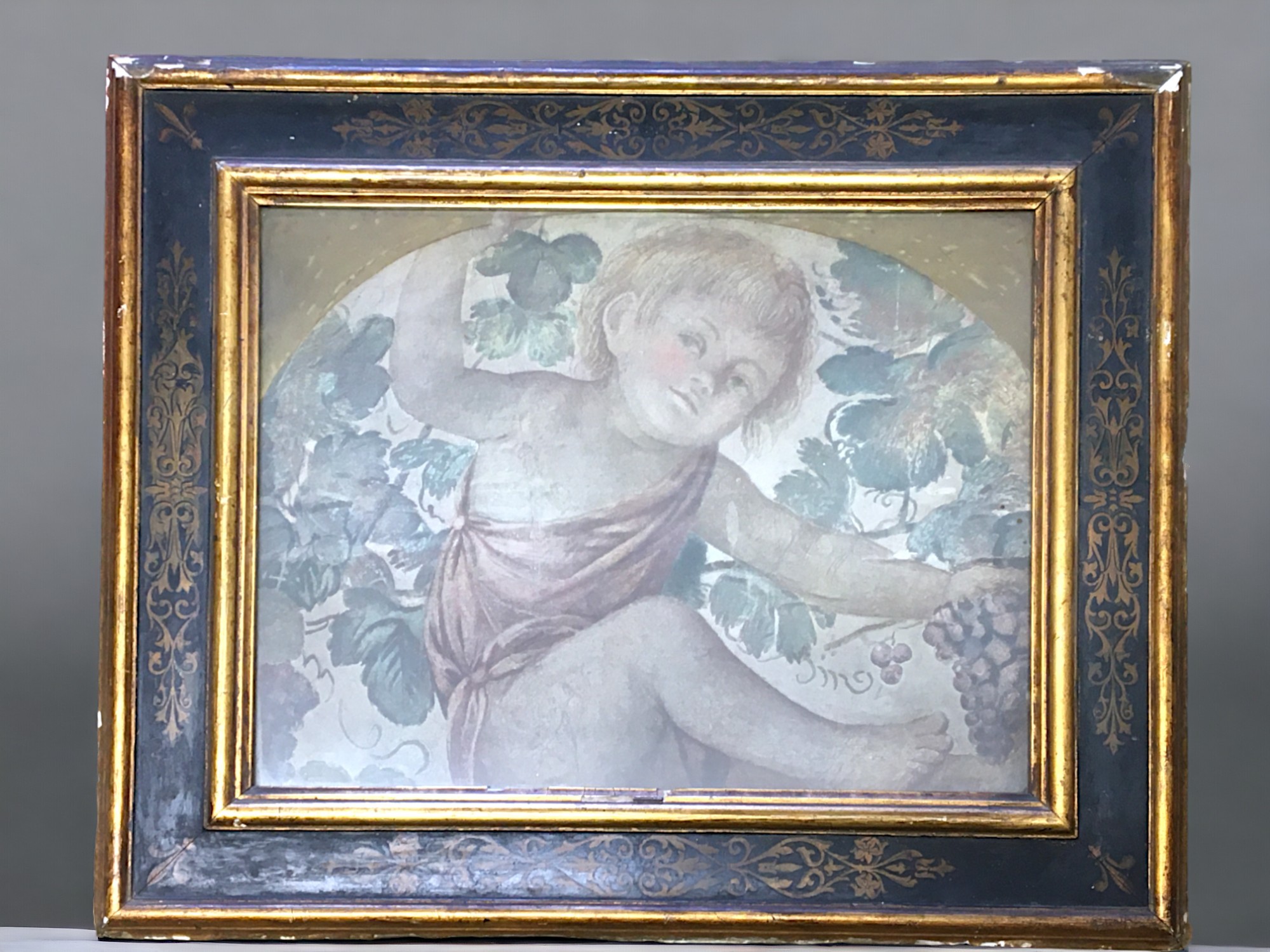 18th/19th Century Italian Bachanalian Putti in Gilt Faux Boule frame. Appears to be hand painted, po