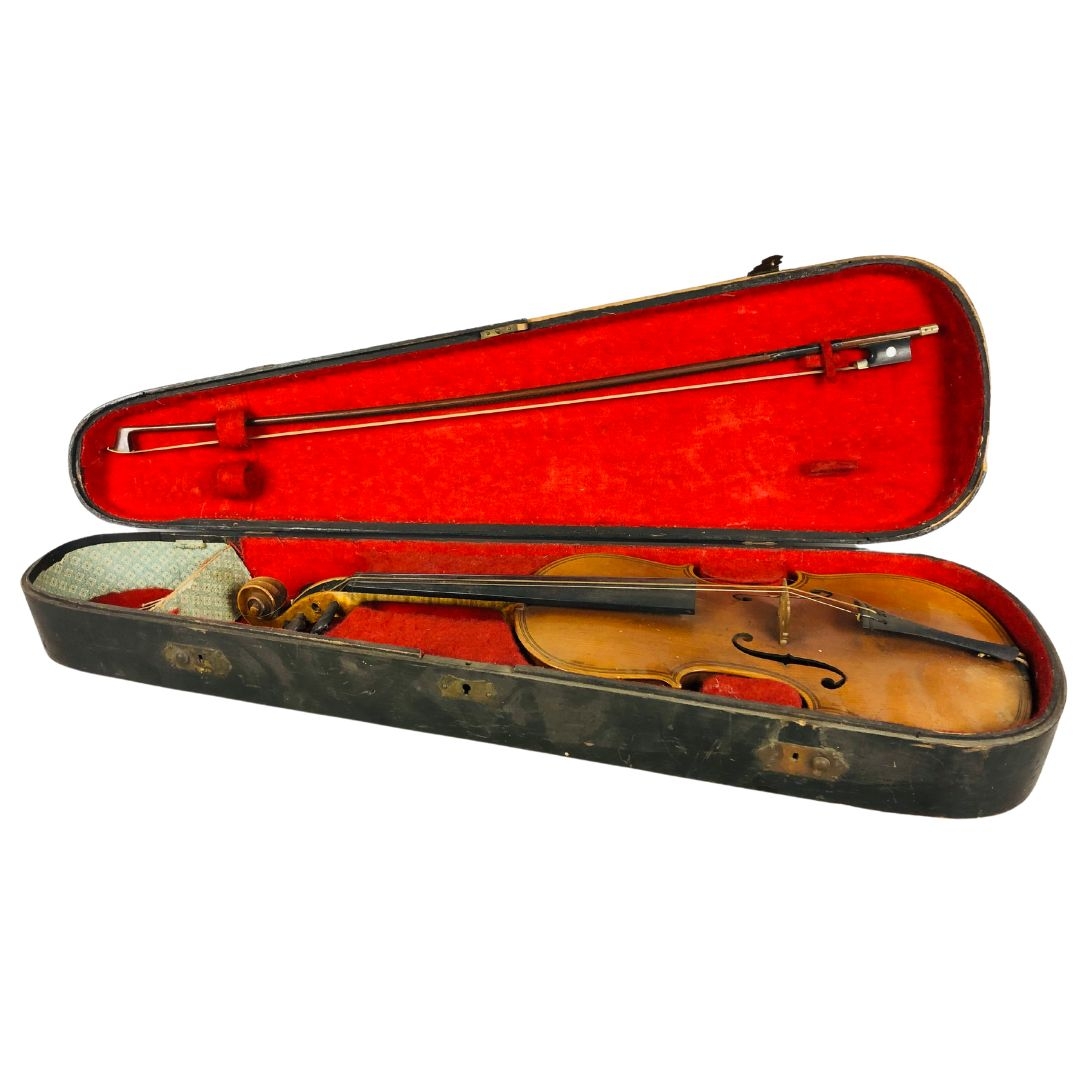 German Maggini model Violin Circa 1920  Cased with hardwood bow, nicklel mounted. 