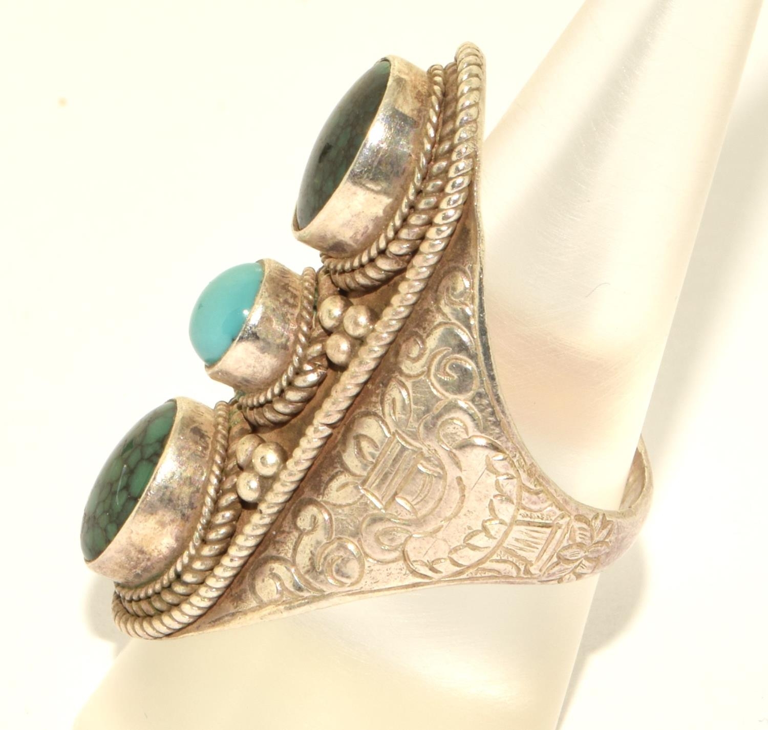 925 silver ladies large set malachite and Turquoise 3 stone ring size Q  - Image 2 of 3