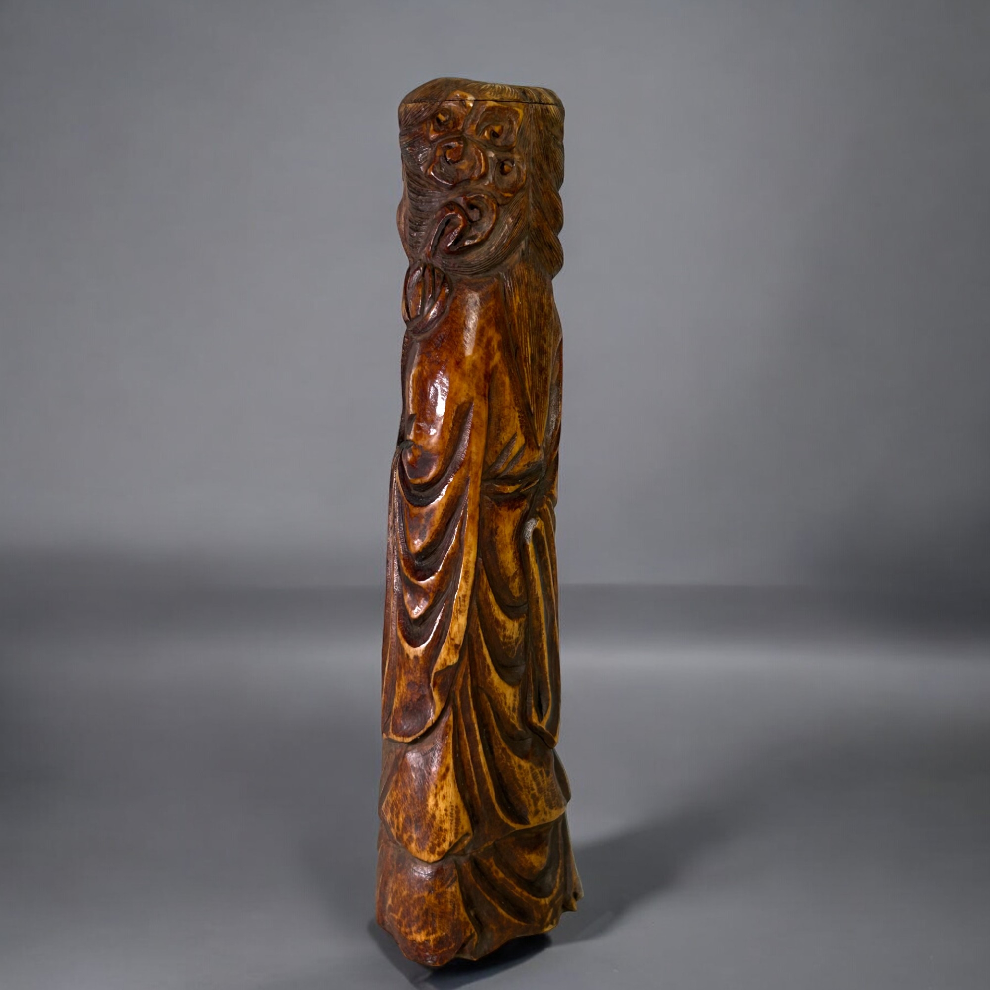 A Chinese carved & stained bone carving. Qing dynasty, 19th century. Together with a brass bound box - Image 3 of 5