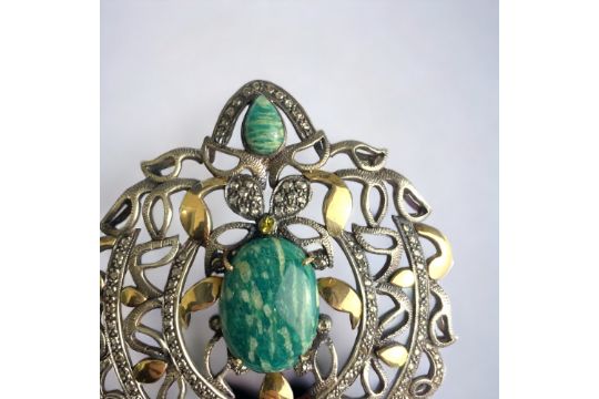 An 18 carat gold, Diamond & Amazonite set Indian Turban jewel (Sarpesh) / Pendant. 19th Century. Mix - Image 5 of 7