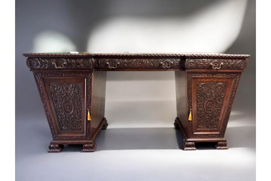 Victorian Druce & Co Oak buffet sideboard. Twin pedestal design, heavily carved scrolling design. W  - Image 1 of 7