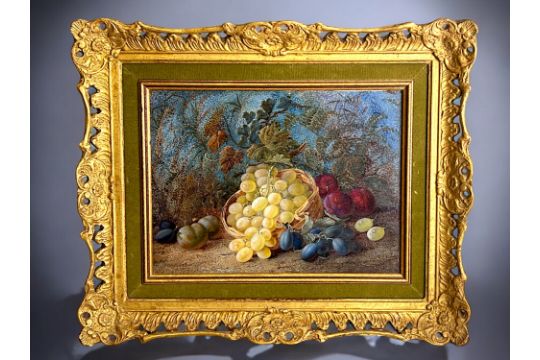 Vincent Clare, British (1855-1925). Oil on canvas, Still life basket of fruits.  Signed to lower rig - Image 1 of 5