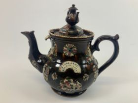 Large Staffordshire Bargeware Teapot - Sprig to Side Reading Kings Arms Bodmin 1835 - Repair to