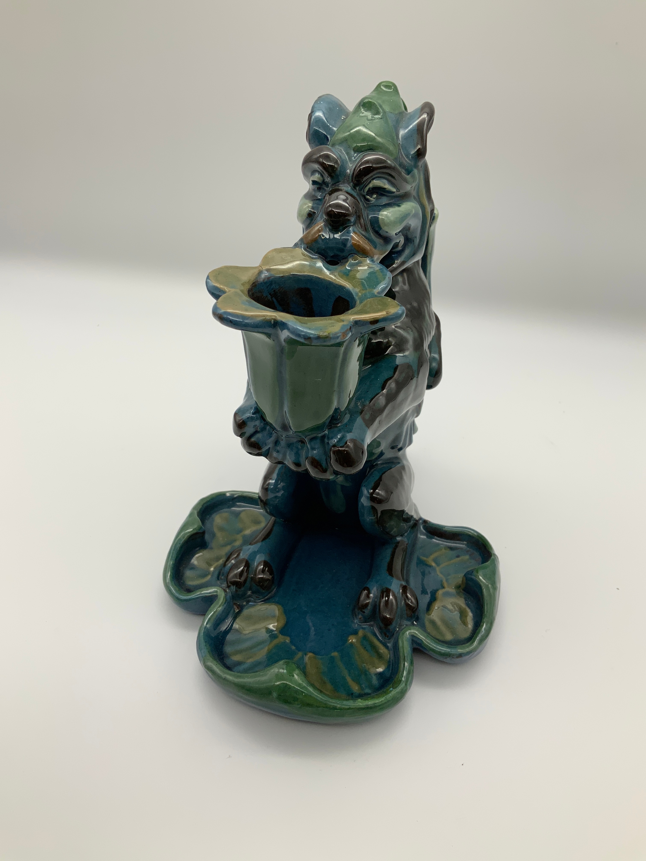 Barnstaple Art Pottery - C H Brannam Seated Dragon Candle Holder - Reginald Pierce 1904 - 18cm High - Image 3 of 4