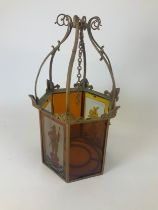 Victorian Wrought Iron Hall Lantern Decorated with Four Stained Glass Panels of Mythical Knights and