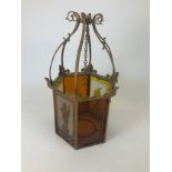 Victorian Wrought Iron Hall Lantern Decorated with Four Stained Glass Panels of Mythical Knights and