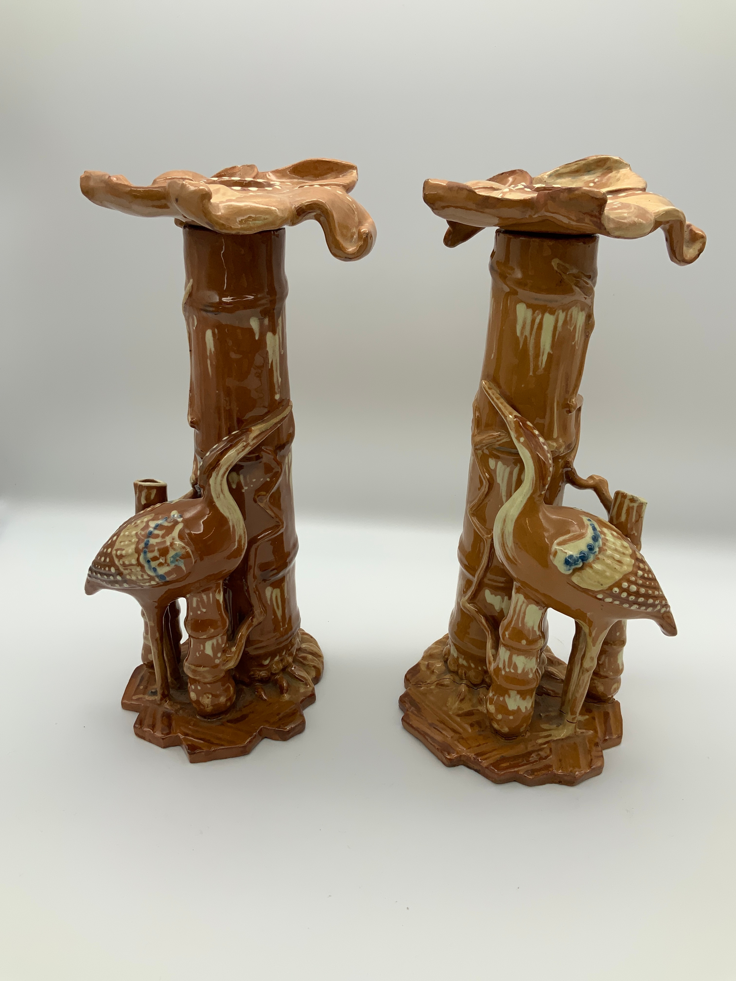 Barnstaple Art Pottery - C H Brannam Stork Candlesticks - 26cm High