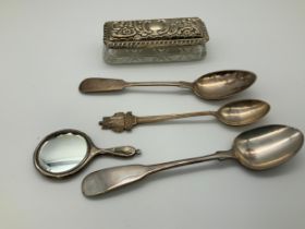 Silver Top Dressing Table Pot, Mirror and Spoons