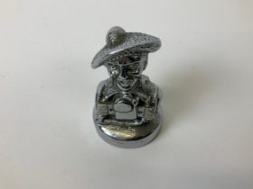 Solid Chromed Brass Car Mascot of Scotsman in Tam O' Shanter Hat with Early Motorbike Engine -