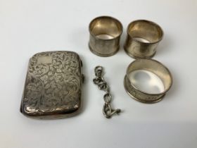 Silver Cigarette Case and 3x Silver Napkin Rings - Total Weight 98g