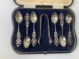 Cased Silver Teaspoon and Sugar Nips Set - Total Weight 94g