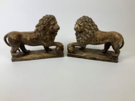 Pair of Large Victorian Plaster Lions in Original Paint - 31cm Base Length